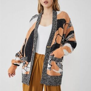 Free People Black and Orange Patterned Pea Coat